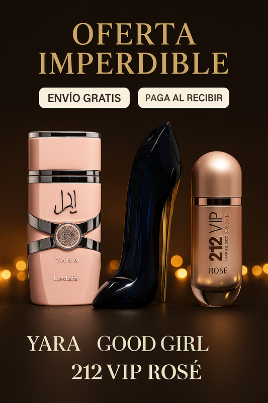 Combo de Perfumes para Mujer – Yara + Good Girl + 212 VIP Rosé