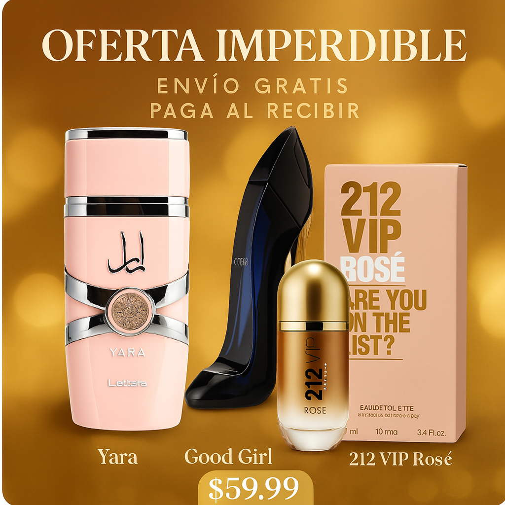 Combo de Perfumes para Mujer – Yara + Good Girl + 212 VIP Rosé